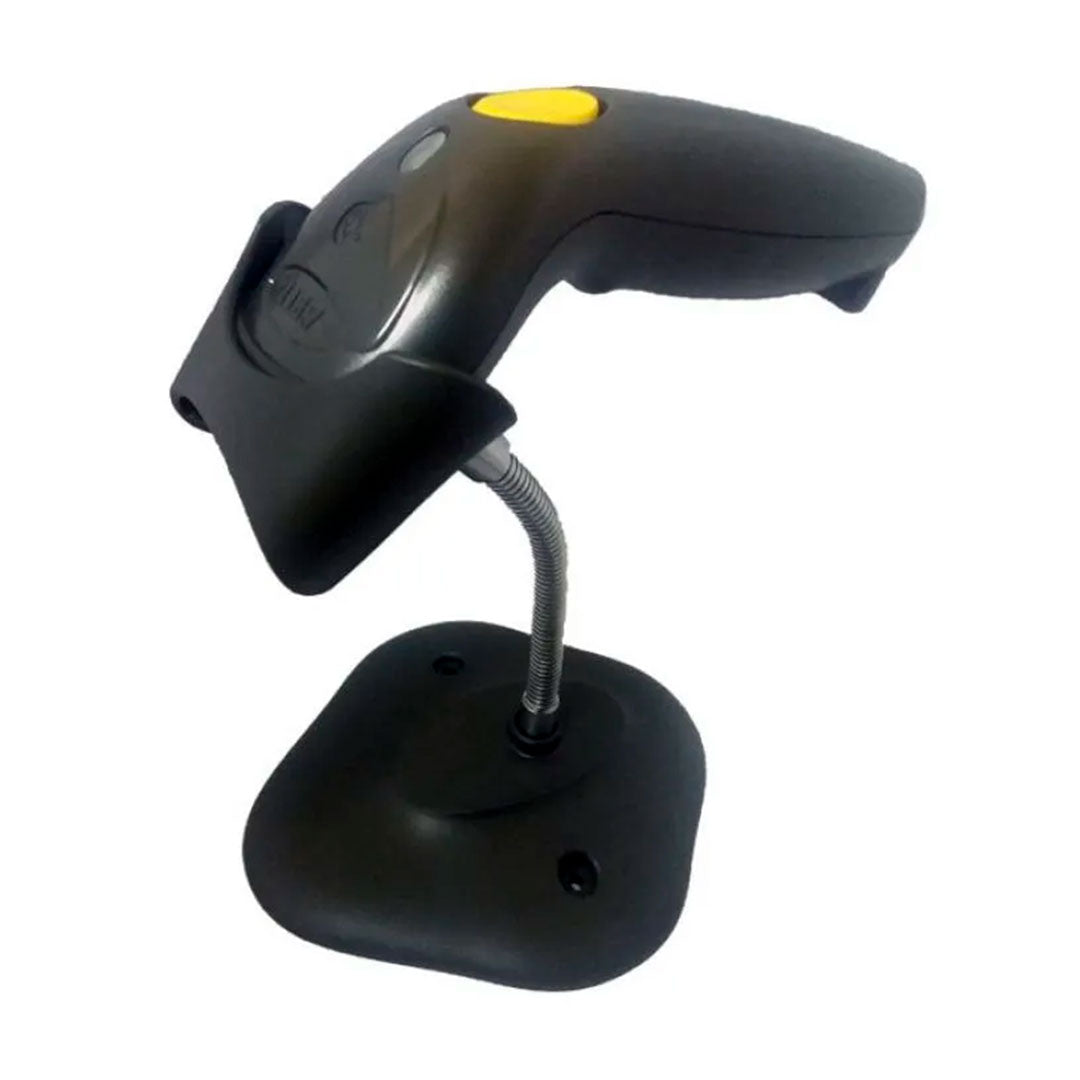 Lector de código de barras negro con base, ideal para puntos de venta y escaneo rápido.