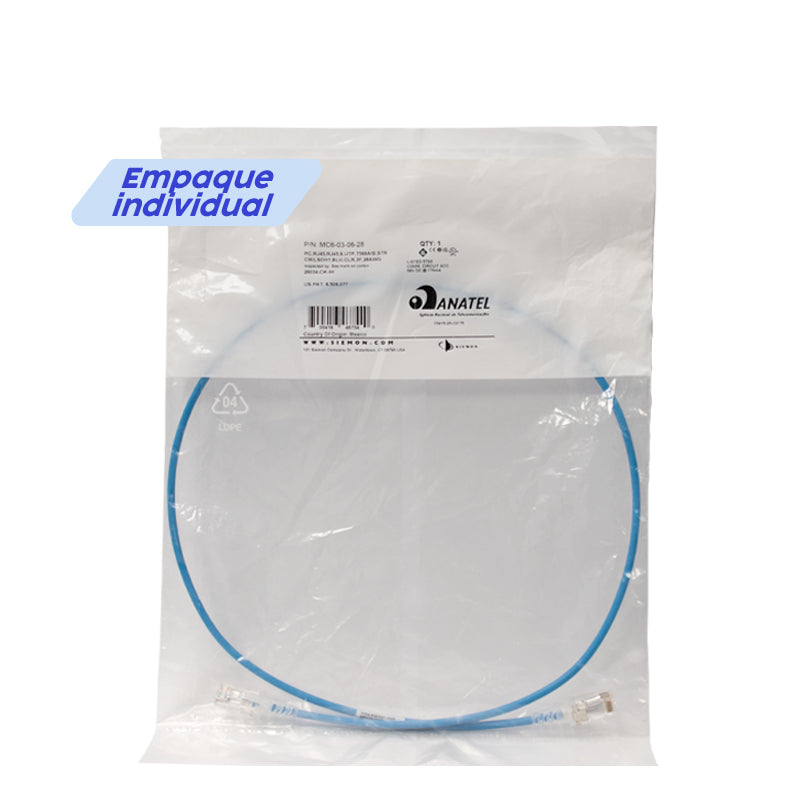 SIEMON MC6-03-06-28 Patch Cord UTP 28AWG RJ45 Cat6 LSZH 0,9 m Azul SkinnyPatch®