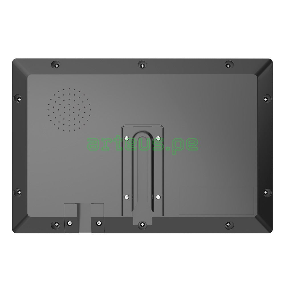 Vista trasera de monitor o pantalla de seguridad electrónica negra con soporte para montaje.