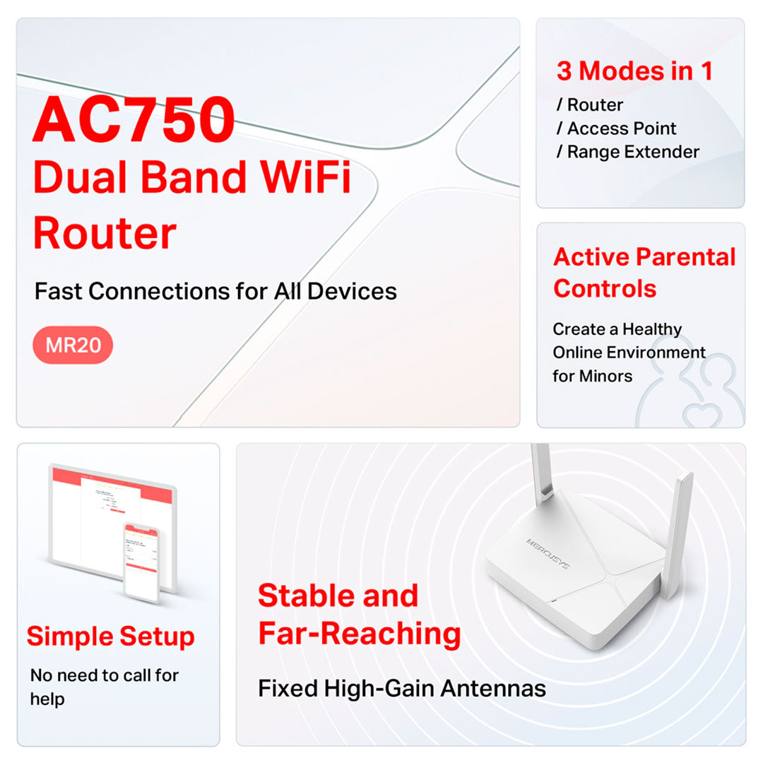 MERCUSYS MR20 Router Enrutador Inalámbrico Doble Banda AC750