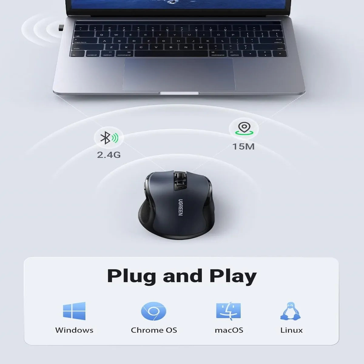 UGREEN MU006 90855 Mouse Inalámbrico 2.4G y Bluetooth 4000dpi Gris