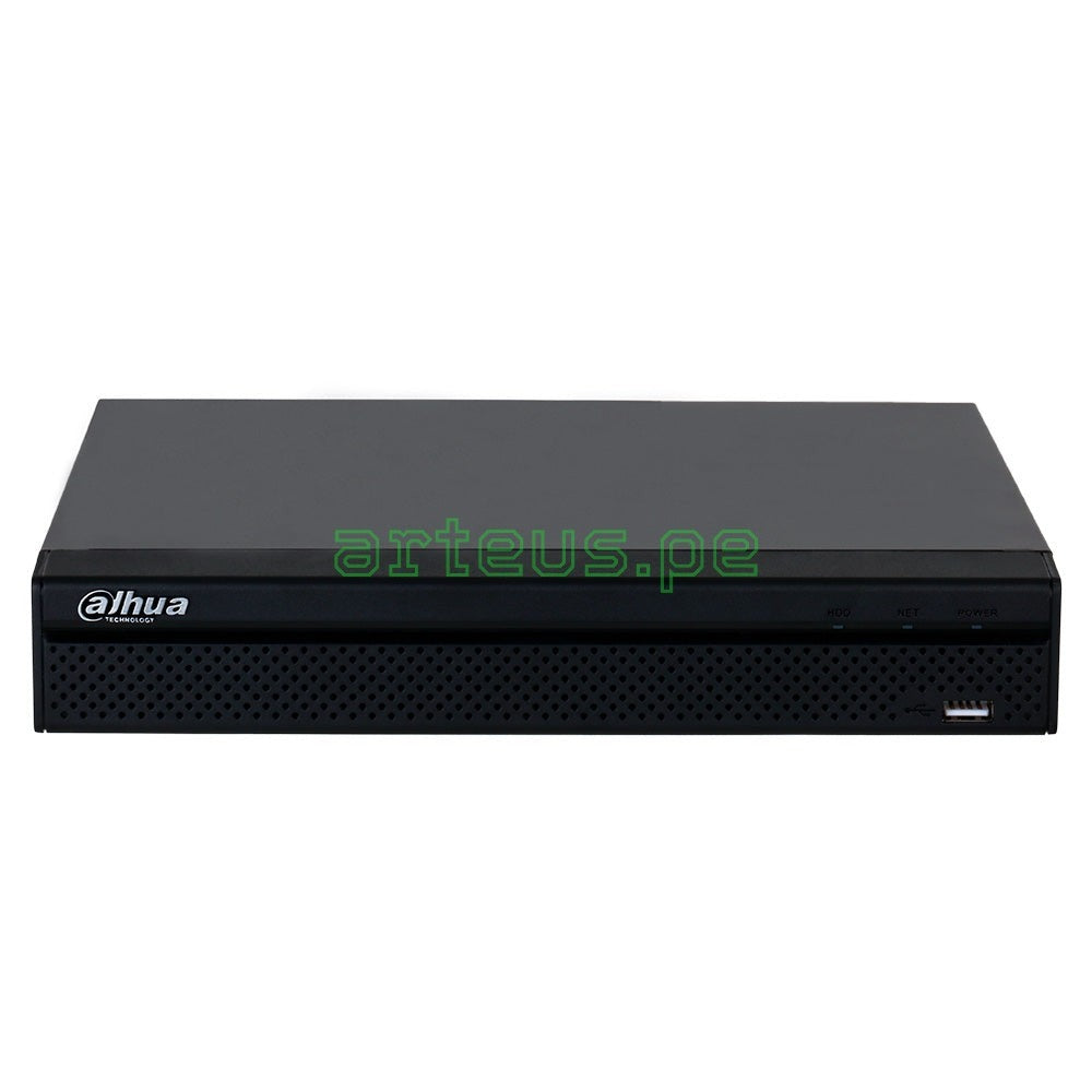 Grabador de video en red NVR Dahua negro, frontal con puertos USB y luces LED, seguridad