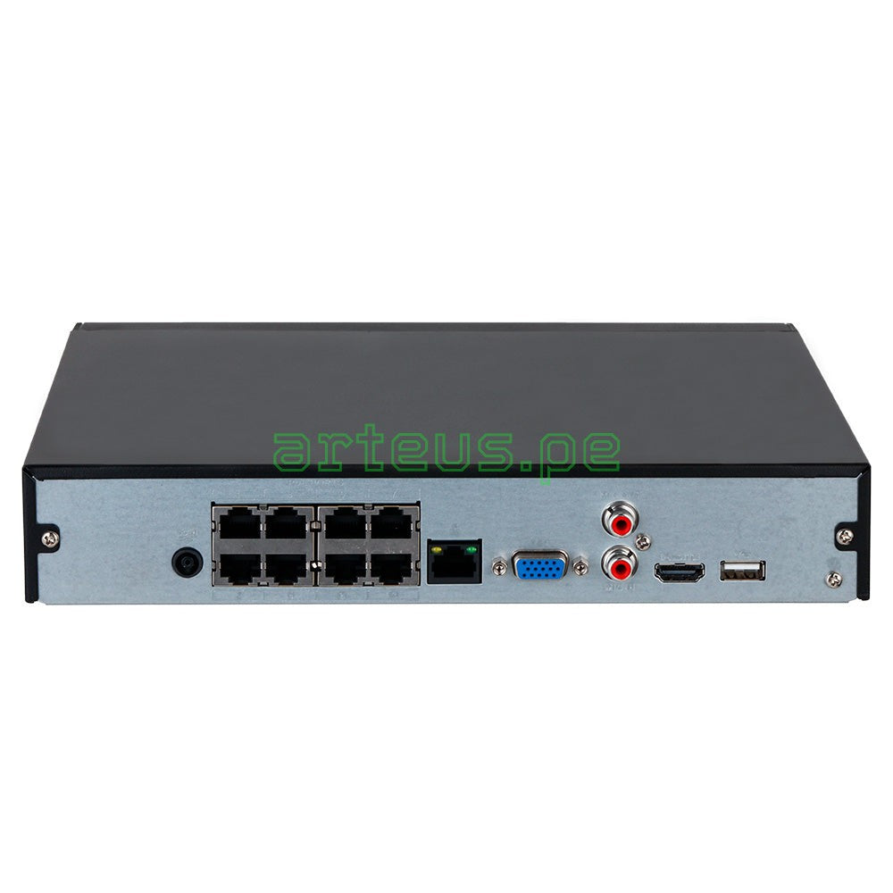 NVR de videovigilancia con múltiples puertos Ethernet, VGA, HDMI y USB, fondo blanco