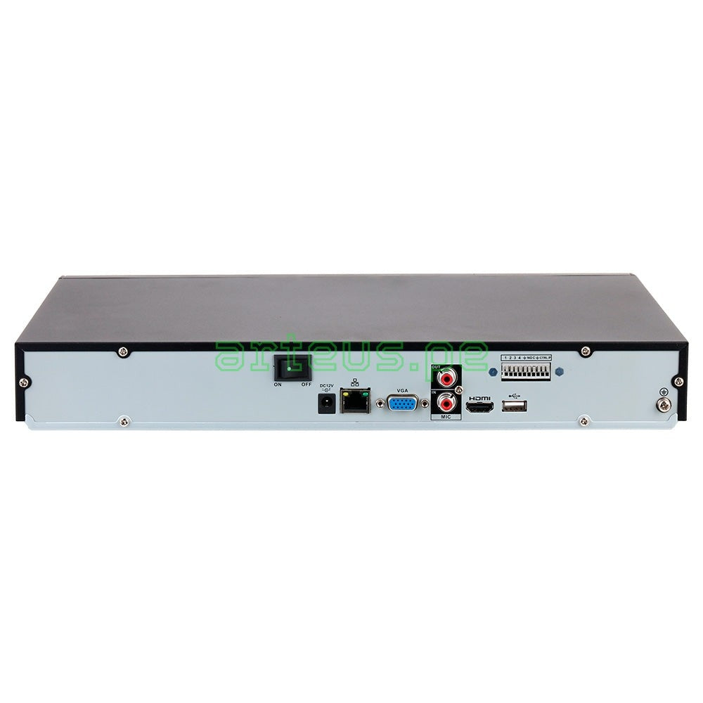 Vista trasera de grabador NVR con puertos de red, HDMI, VGA y entradas de audio para videovigilancia