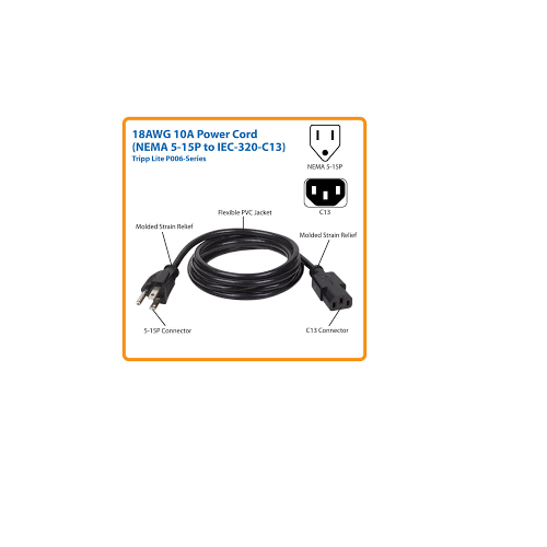 TRIPP-LITE P006-006 Cable de Alimentación CA para Computadora de escritorio NEMA 5-15P a C13-10 A, 125V, 18 AWG, 1,83m, (6 pies), negro
