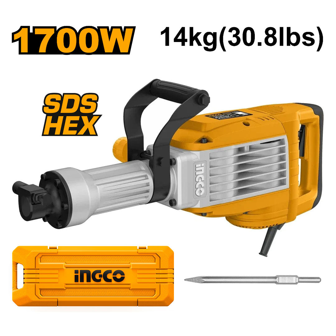 INGCO PDB170068 Martillo Demoledor 1700W 50J 14Kgs (SDS HEX)