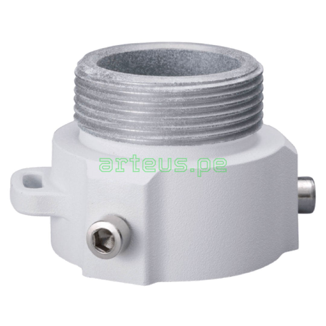 Adaptador metálico para montaje de cámaras de seguridad, tipo rosca, color gris.