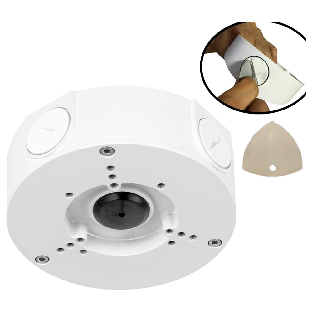 Caja de montaje metálica blanca para cámara de seguridad, con accesorios incluidos.