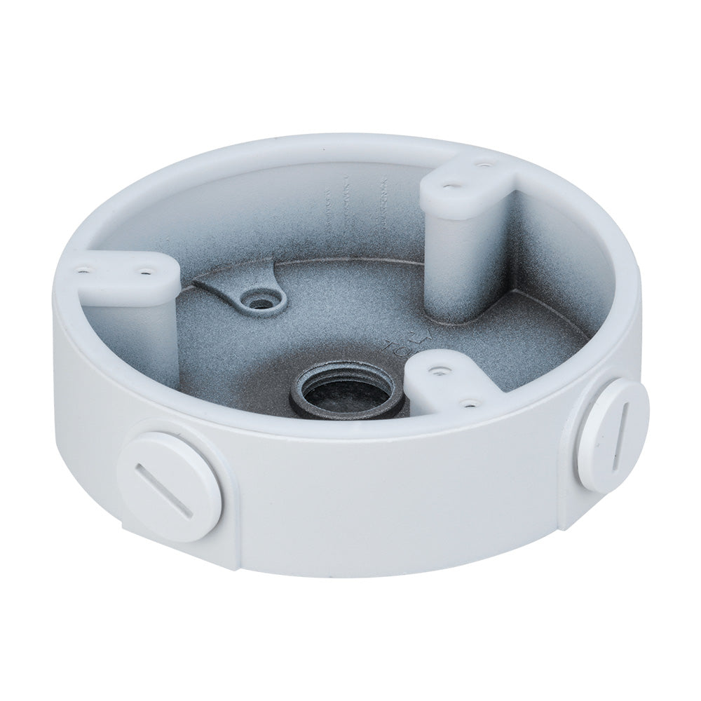 Caja de conexiones redonda metálica para cámara de seguridad, color blanco, vista aislada
