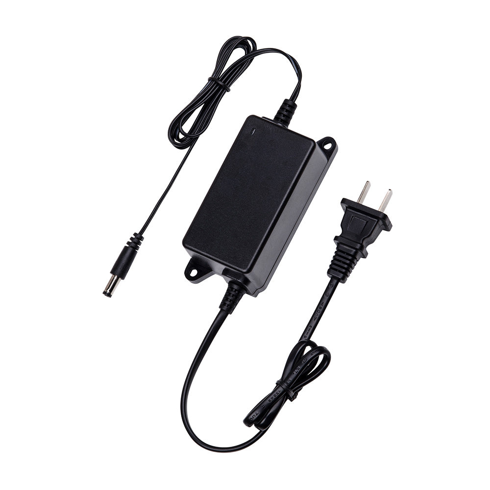 Fuente de alimentación eléctrica negra con cable y enchufe, ideal para equipos de seguridad o redes