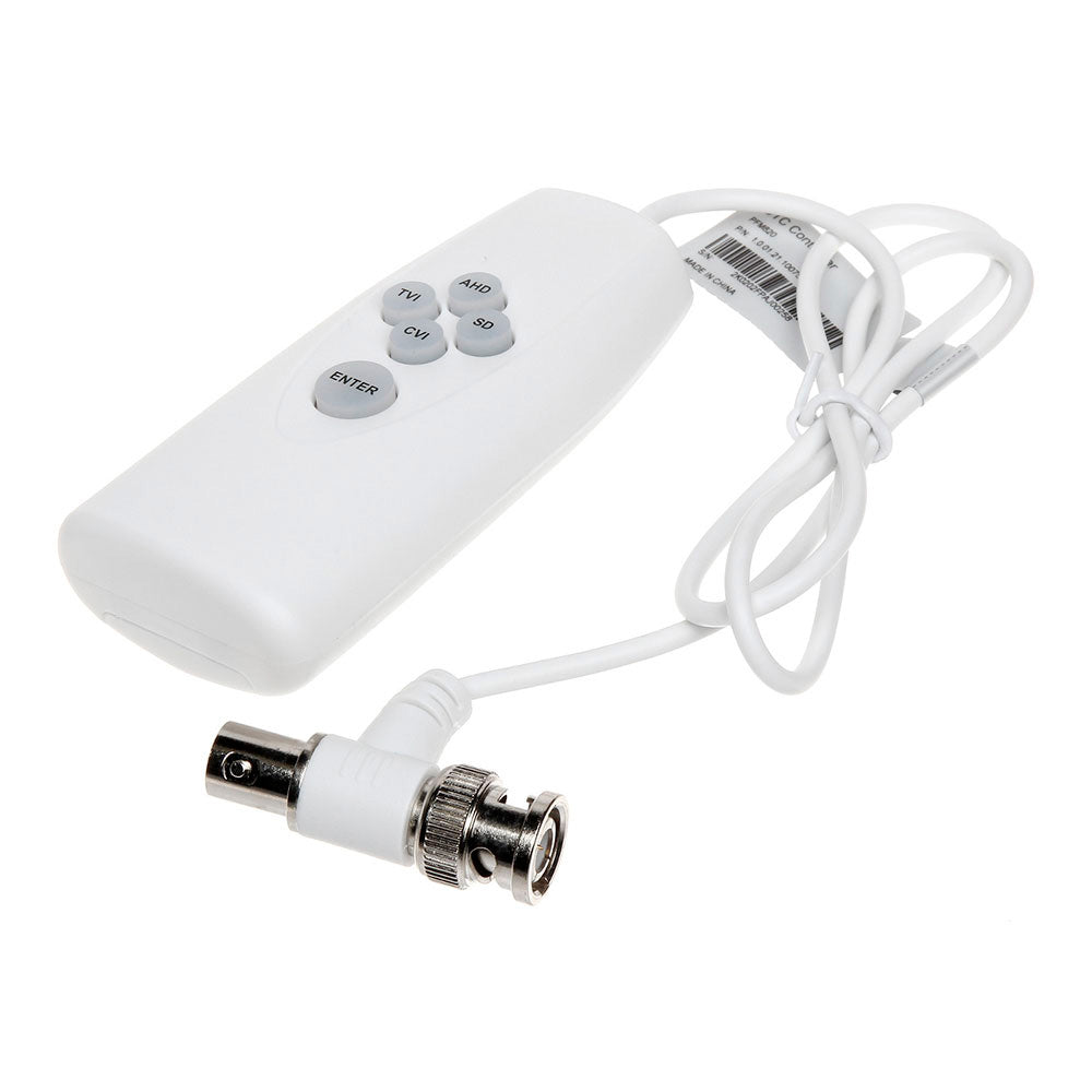 Control remoto blanco con cable y conector BNC para configuración de cámaras de seguridad CCTV