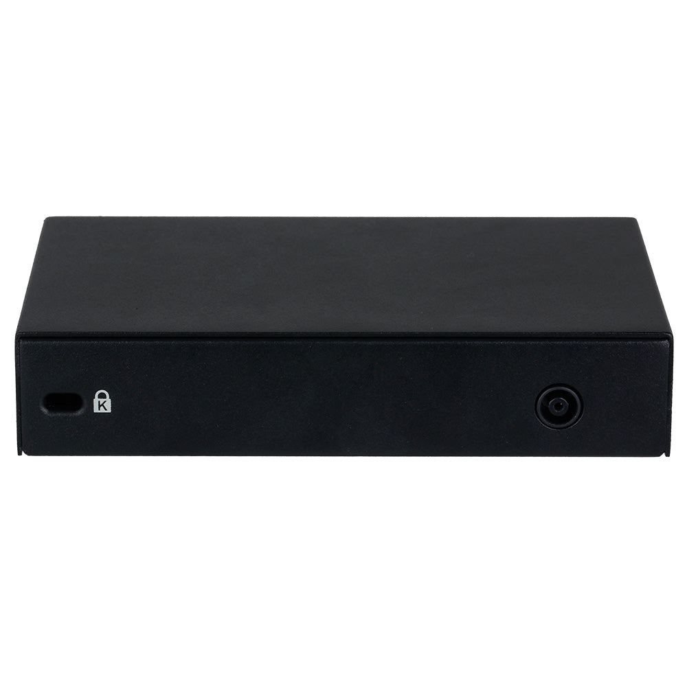 Switch de red PoE de 4 puertos, carcasa negra, accesos de seguridad visibles.