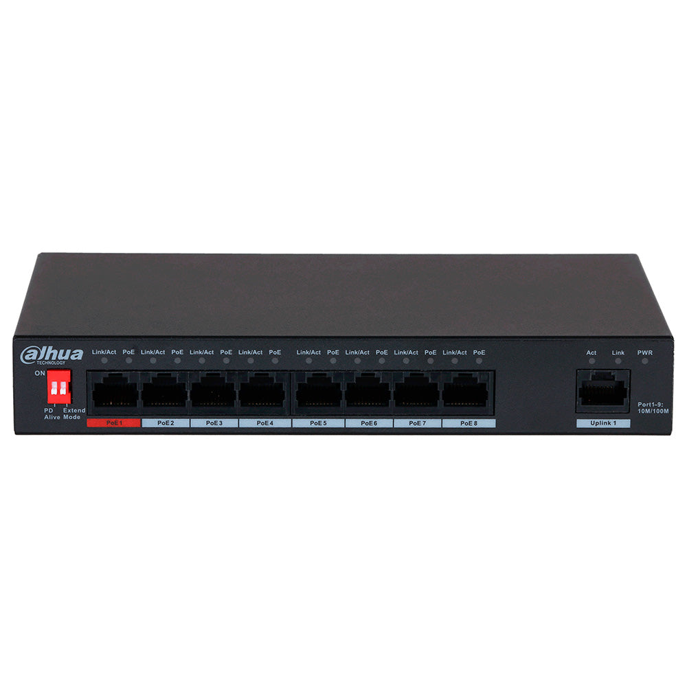 Switch ethernet Dahua de 8 puertos PoE para redes y cableado estructurado