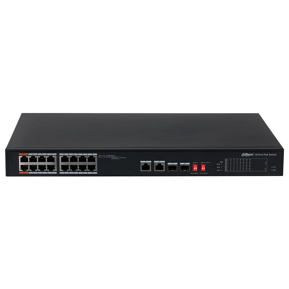 DAHUA PFS3218-16ET-135, Switch 16 Puertos POE 10/100, 2Uplink Giga, 2SFP Giga, 135w. No Administra, Capa 2