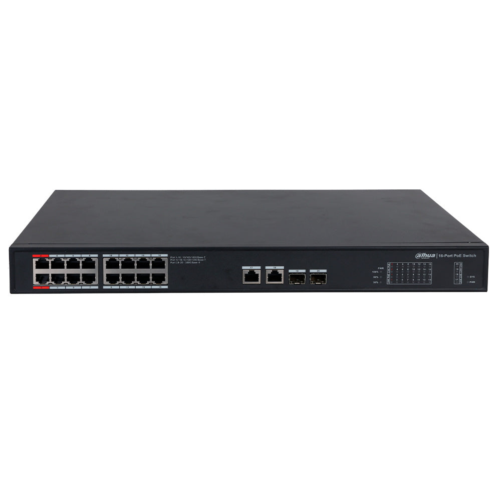 DAHUA DH-PFS3220-16GT-190, Switch 16 Puertos POE Giga, 2Uplink Giga, 2SFP Giga, 190w. No Administra, Capa 2