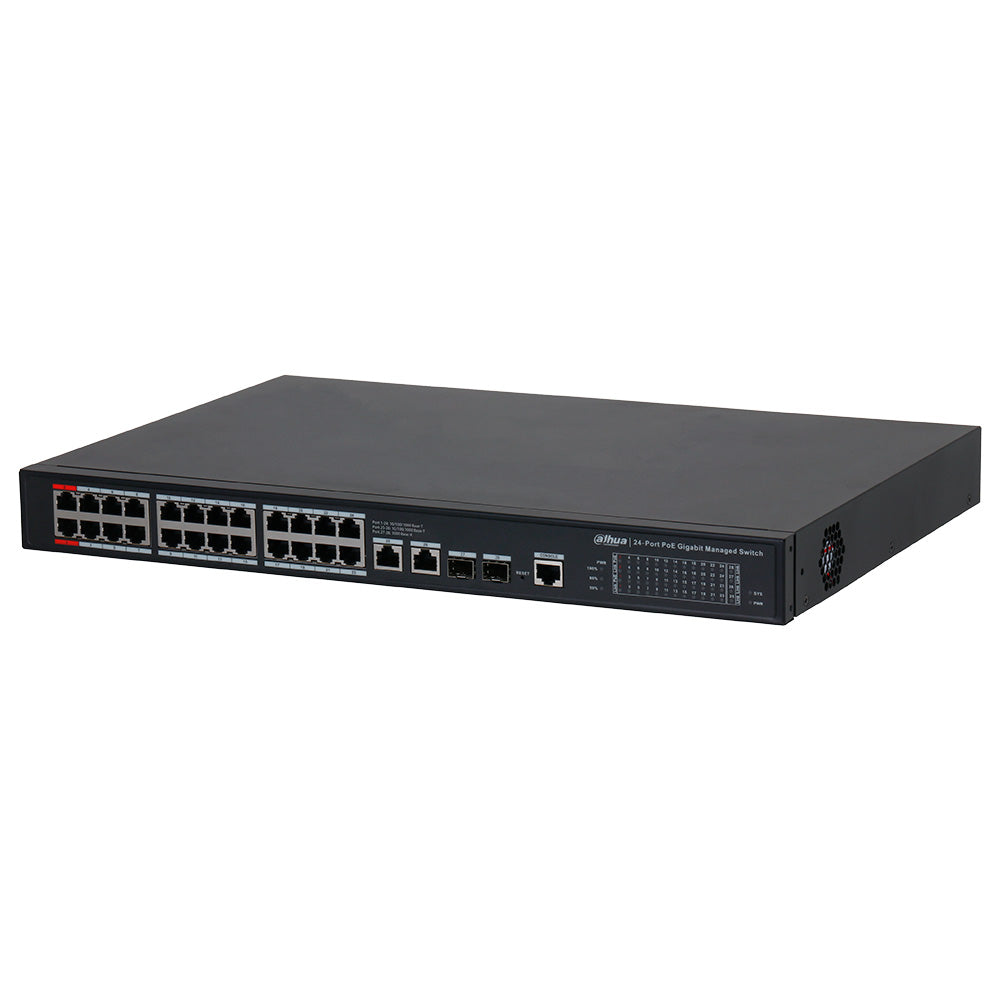 DAHUA DH-S4228-24GT-240 - Switch Conmutador de 24 puertos POE 240w con 2 puerto de Fibra óptica Giga. 10/100/1000mbps. Administrable. Capa 2. HI-POE. 2 Puertos SFP. POE 2.0