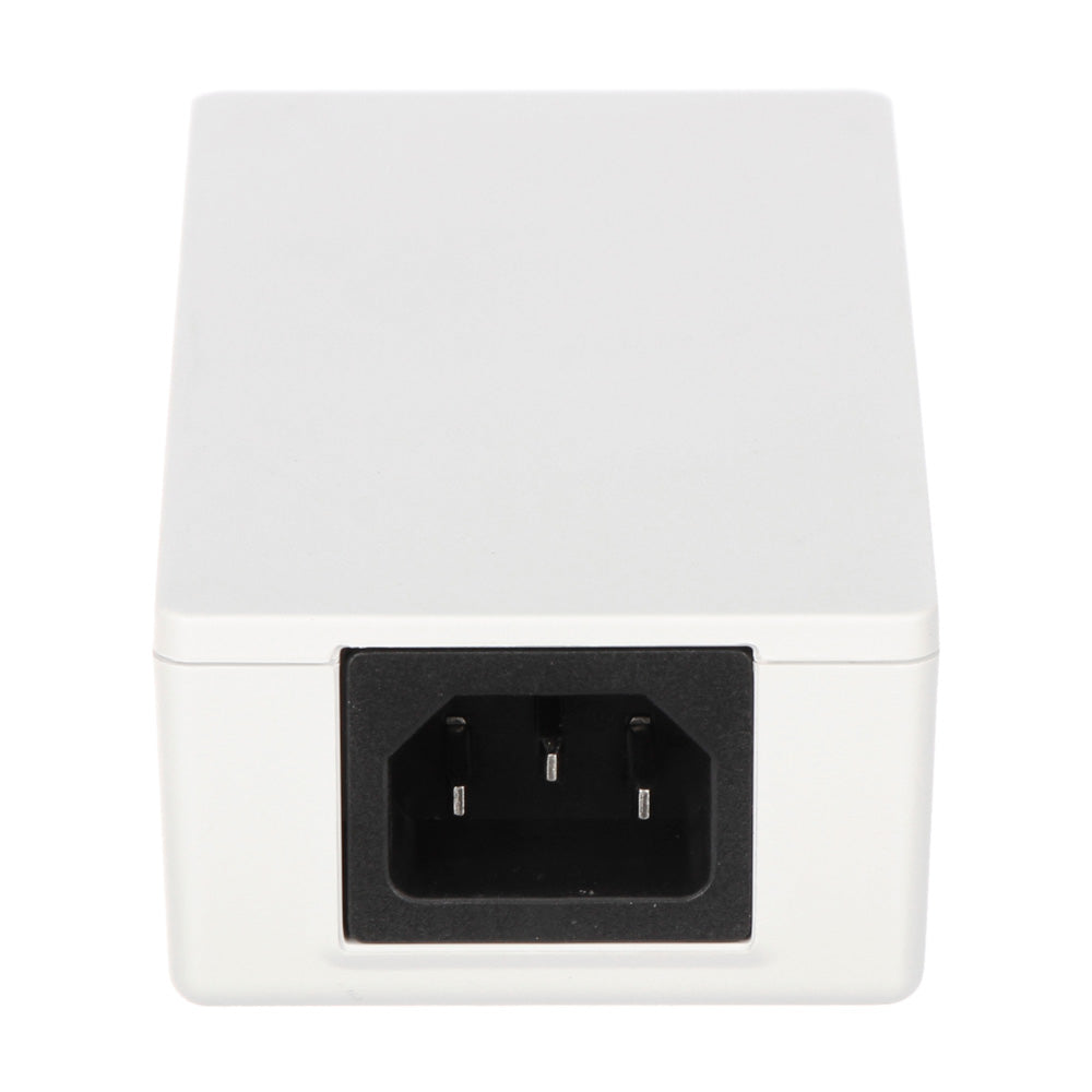 Fuente de alimentación externa rectangular blanca con conector de entrada IEC para redes y computo