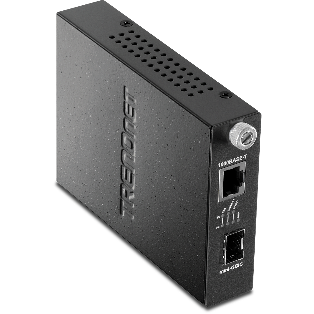 Convertidor de medios de red con puerto Ethernet 1000BASE-T y ranura mini-GBIC.