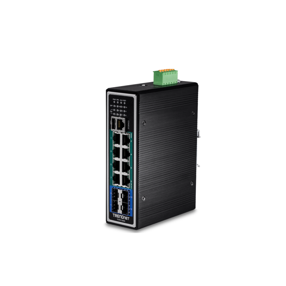 TRENDNET TI-PG1284i -  Conmutador de riel DIN administrado de capa 2 Gigabit PoE industrial endurecido de 12 puertos
