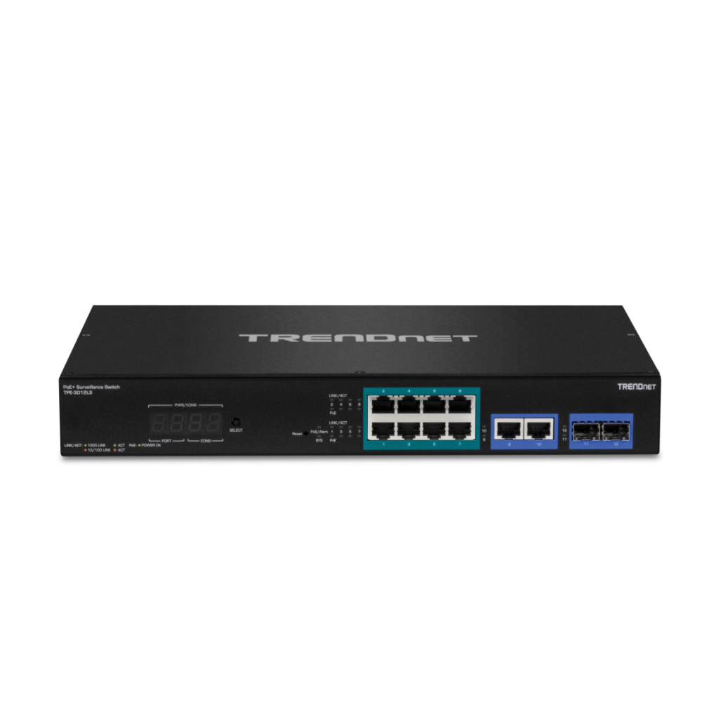 TRENDNET TPE-3012LS -  Conmutador de vigilancia inteligente Gigabit PoE de 12 puertos