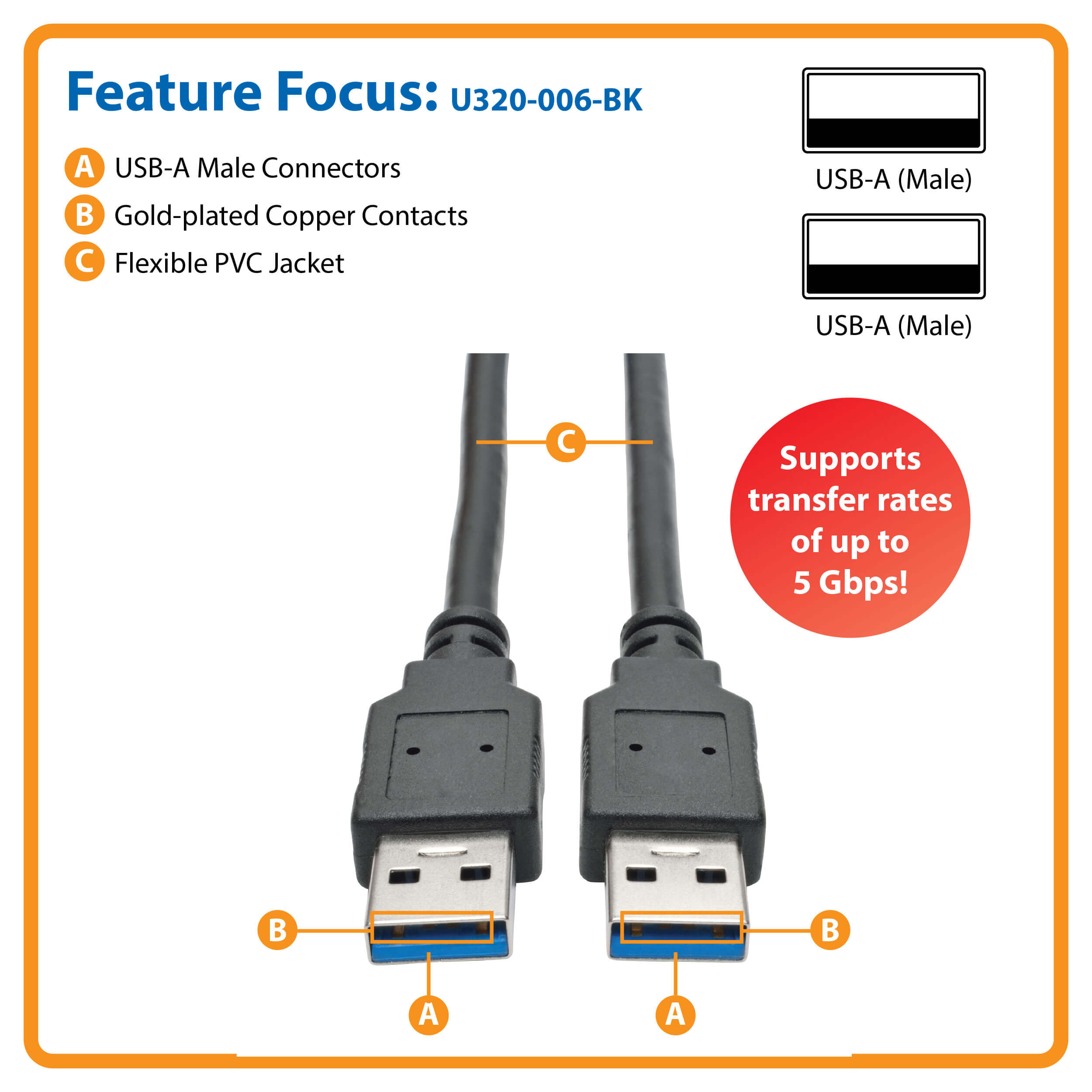 TRIPP-LITE U320-006-BK CABLE, USB, 3.0, SUPERSPEED, 1.83M, SuperSpeed, A/A, 1.83 mts, 28/24 AWG