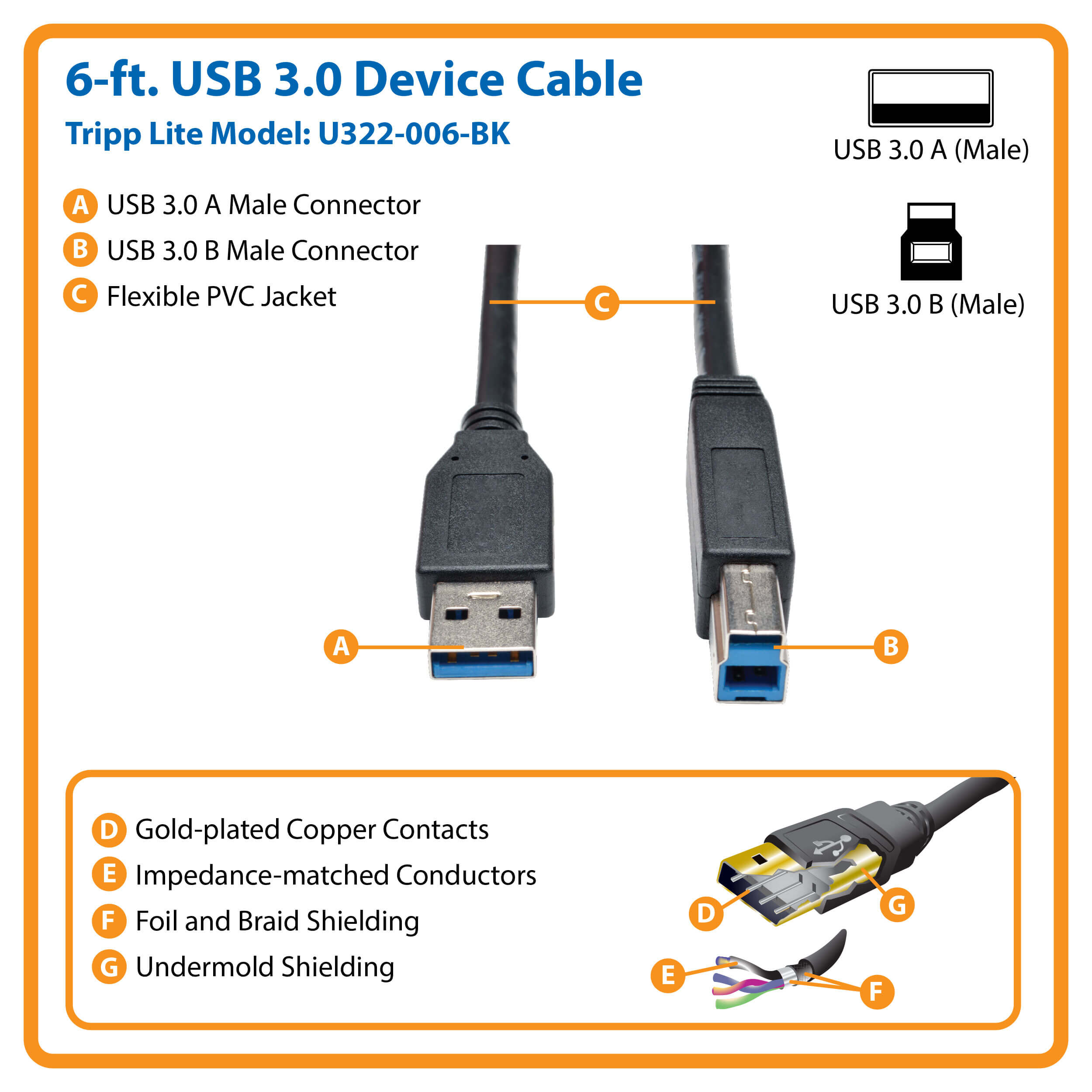 TRIPP-LITE U322-006-BK CABLE, USB, 3.0, SUPER, A/B, 1.83CM, para Dispositivo, USB, 3.0, SuperSpeed, AB(M/M), Negro, 1.83m, 6pies