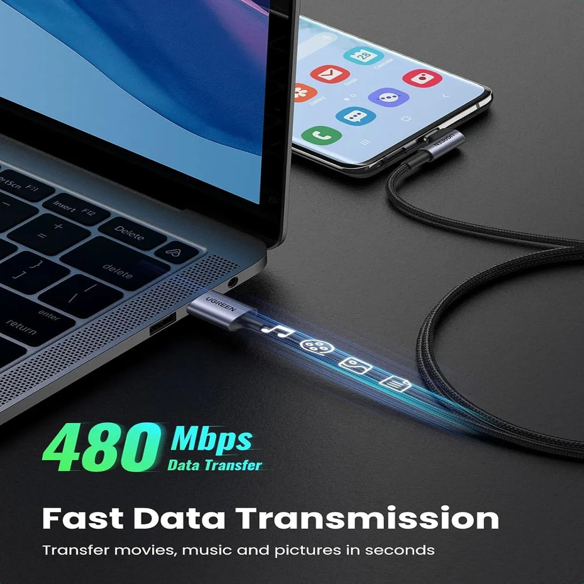 UGREEN US284 50942 Cable 2m USB-C Ángulo 90° 18w Carga Rápida 3A