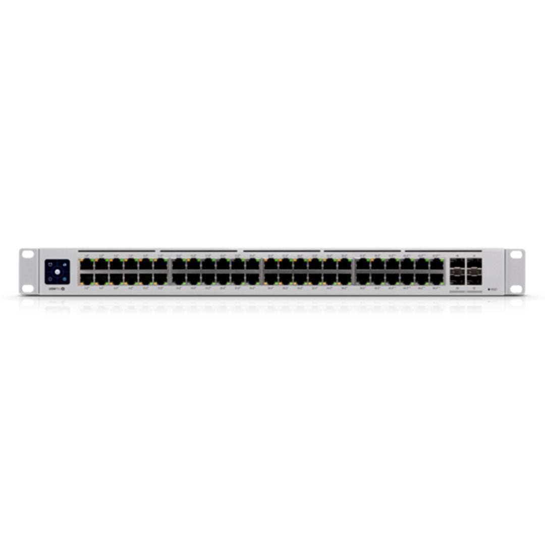 Switch de red profesional 48 puertos PoE para montaje en rack, con puertos SFP.
