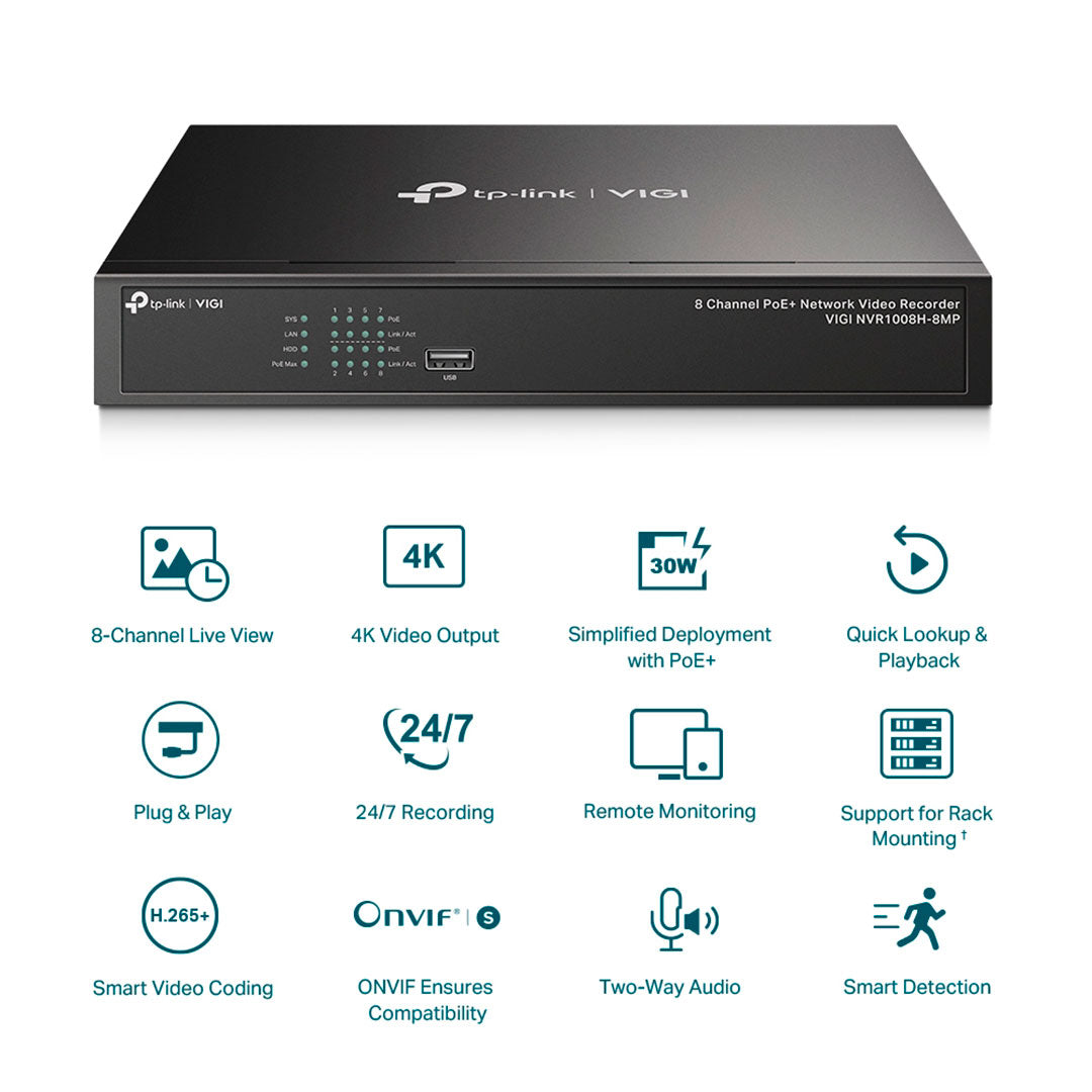 TP-LINK VIGI NVR1008H-8MP Grabador de Vídeo NVR 8 Canales 8MP PoE+ 113W