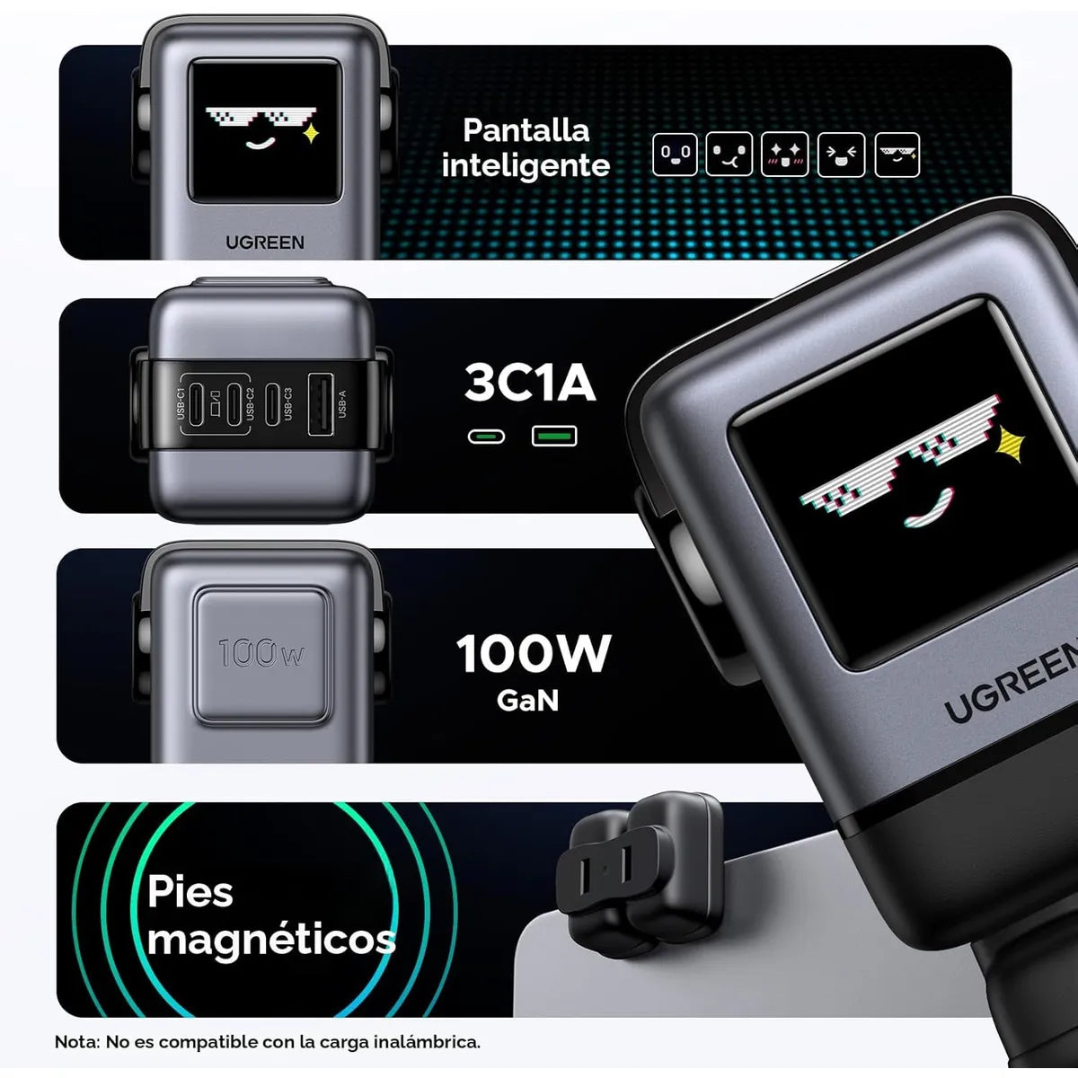 UGREEN X688 45514B Cargador USB C Robot Nexode GaN 100W Carga Rápida