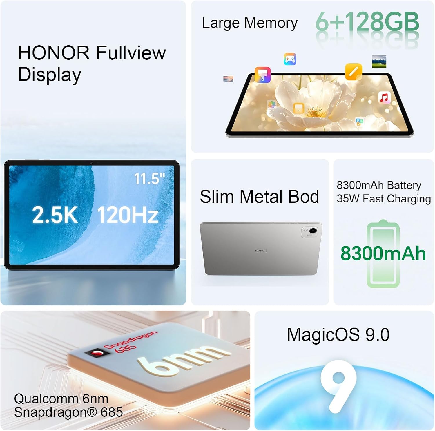 HONOR Pad X9A Tablet 11.5" 2.5K 120Hz Wifi 6GB+128GB 8300mAh MagicOS 9.0 Snapdragon 685 ELN2-W29