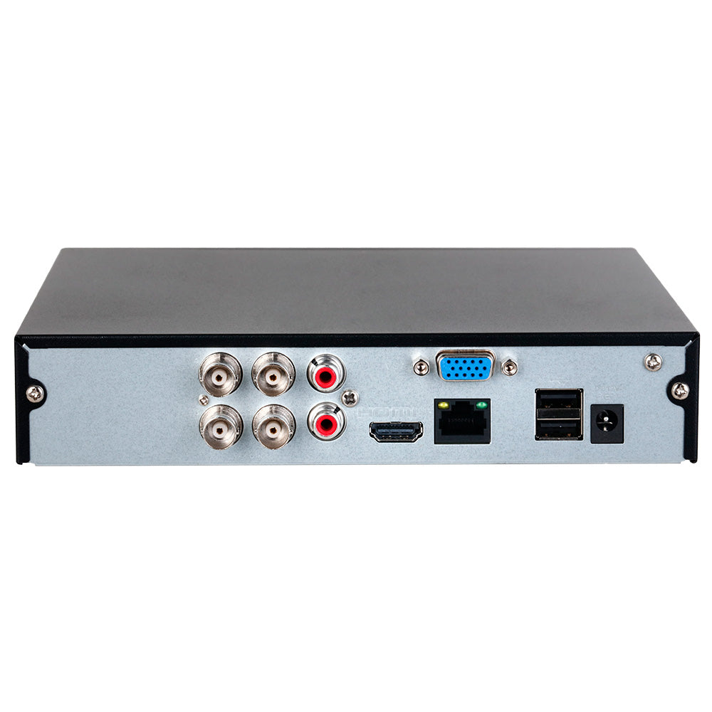 Vista trasera de DVR de videovigilancia con puertos BNC, HDMI, VGA, USB y RJ45