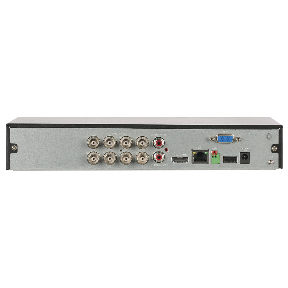 Vista trasera de grabador DVR de seguridad con múltiples puertos BNC, HDMI, VGA y audio