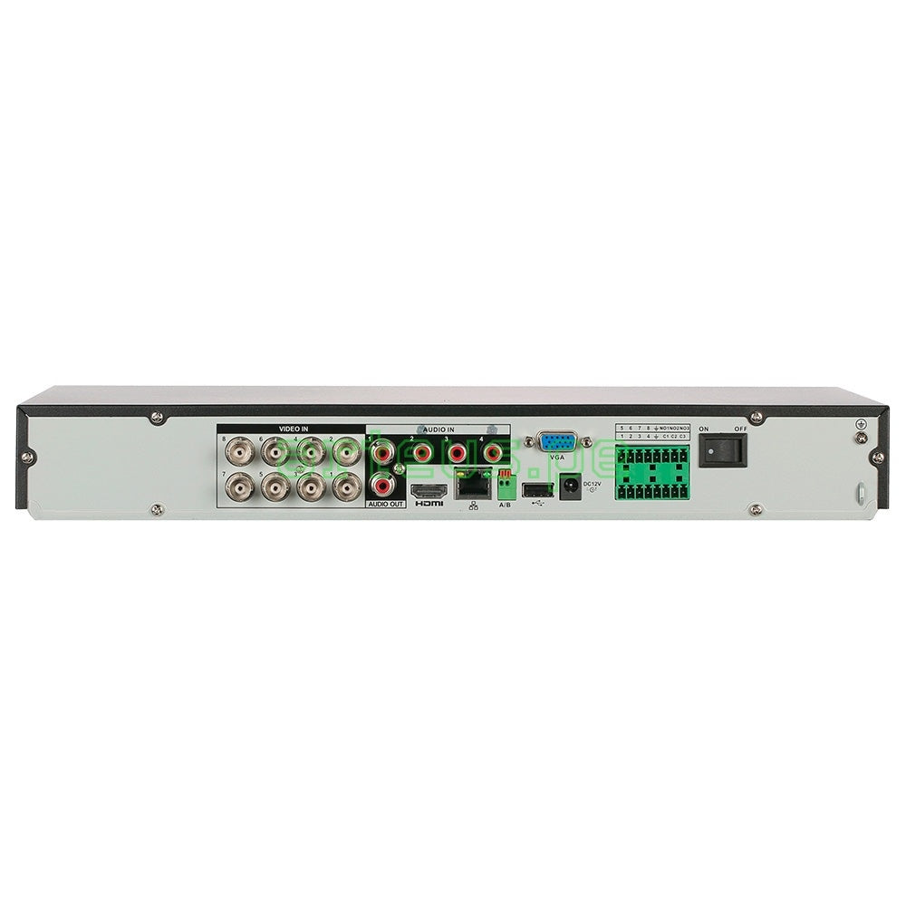 Vista trasera de grabador DVR de seguridad, entradas de video, audio, HDMI y puertos de red