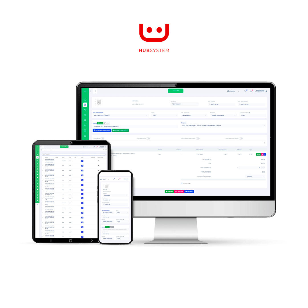 HUB SYSTEM CÓMPUTO Sistema de gestión y facturación electrónica para tiendas de cómputo. Suscripción Mensual