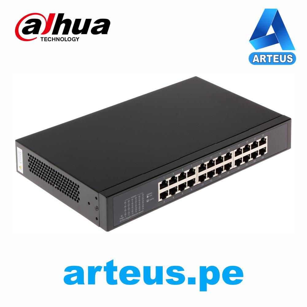 Switch Dahua de 24 puertos gigabit no administrable, carcasa negra, conexiones de red.