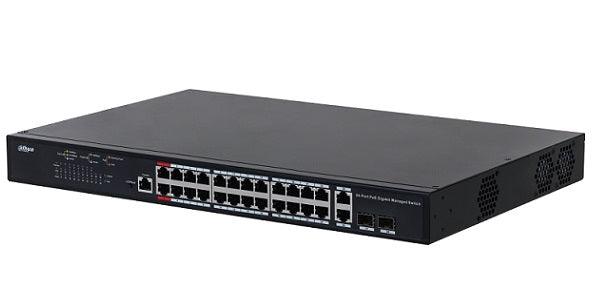 DAHUA DH-PFS4226-24GT-230 - Switch Conmutador de 24 puertos POE 230w Giga con 2 puertos de Fibra óptica. 10/100/1000mbps. Administrable. Capa 2. HI-POE. 2 Puertos SFP - ARTEUS