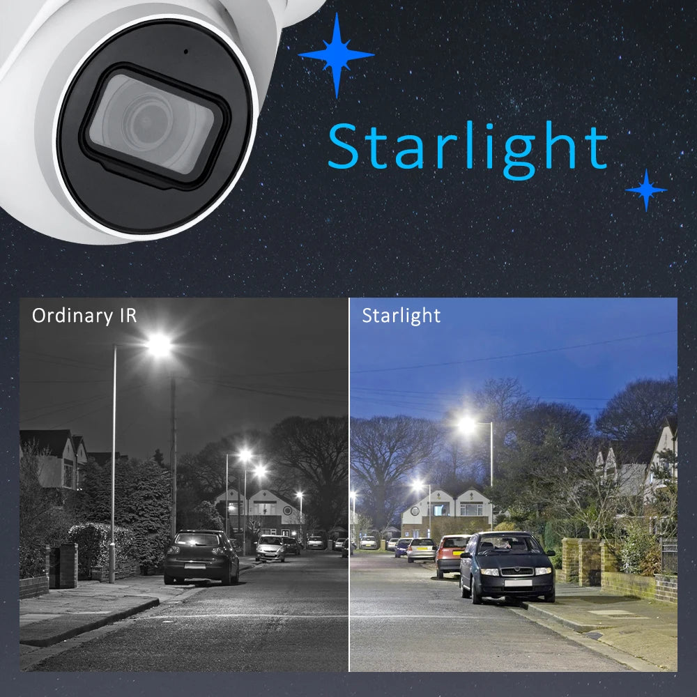 Comparación de cámara de seguridad con visión nocturna Starlight y visión IR tradicional en una calle.