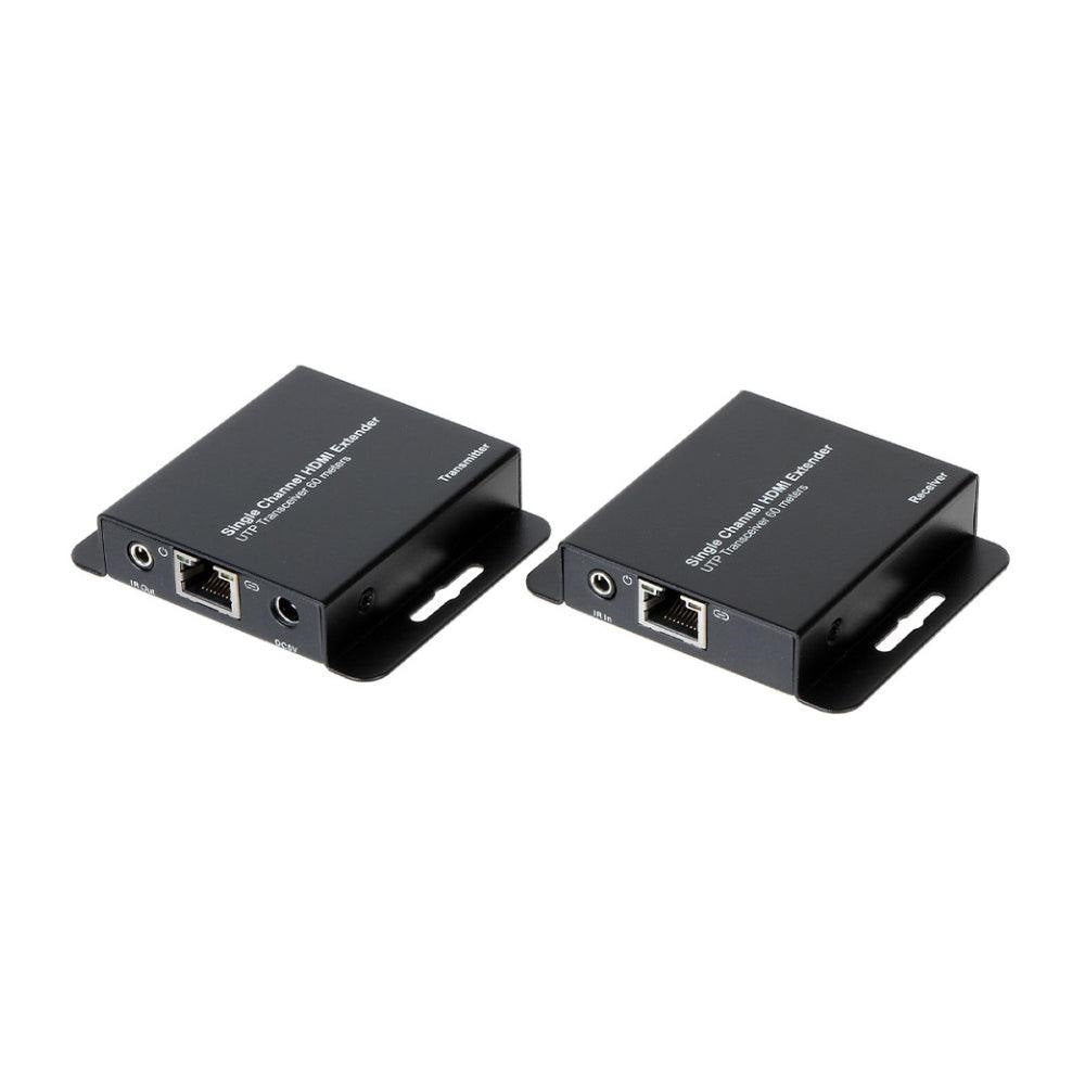 Extensor HDMI de canal único con entradas Ethernet y alimentación, ideal para redes y cableado estructurado.