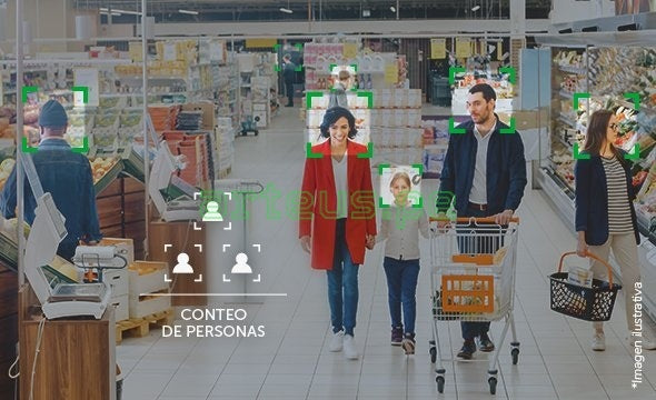 Conteo de personas en supermercado con tecnología de reconocimiento facial, seguridad electrónica, control de acceso.