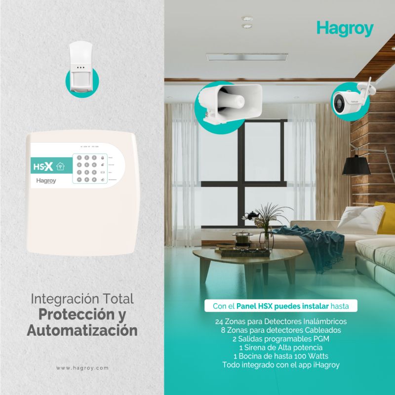 HAGROY KIT-HSX-IN Kit de Alarma Inalámbrico: HS-X, Batería, Pir, Magnético, Sirena y Llavero APP iHagroy