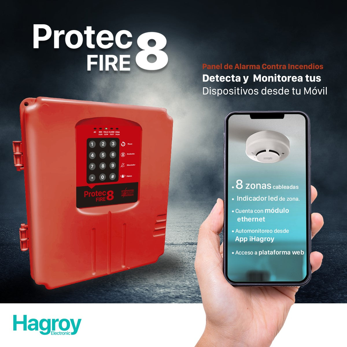 HAGROY HG-ACI-PTFIRE8 PROTEC FIRE 8 Panel de Alarma Contra Incendio Convencional 8 Zonas 12V 4 Hilos APP iHagroy