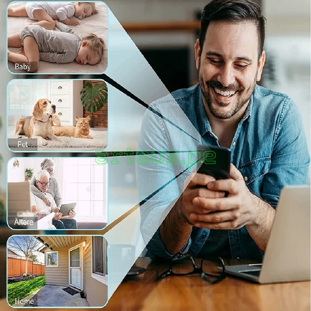 Hombre usando smartphone para monitoreo remoto de bebé, mascotas, personas mayores y hogar