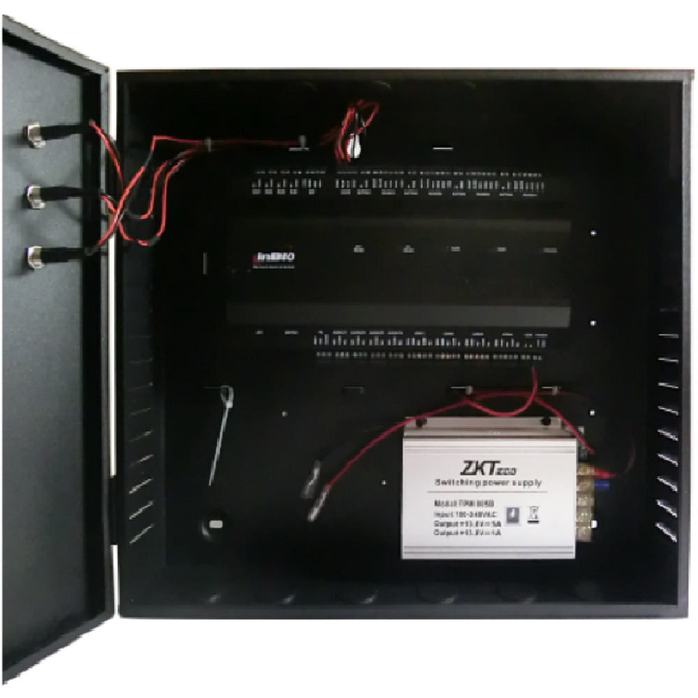 Controlador de acceso metálico con fuente de alimentación y conexiones para sistemas de seguridad electrónica.
