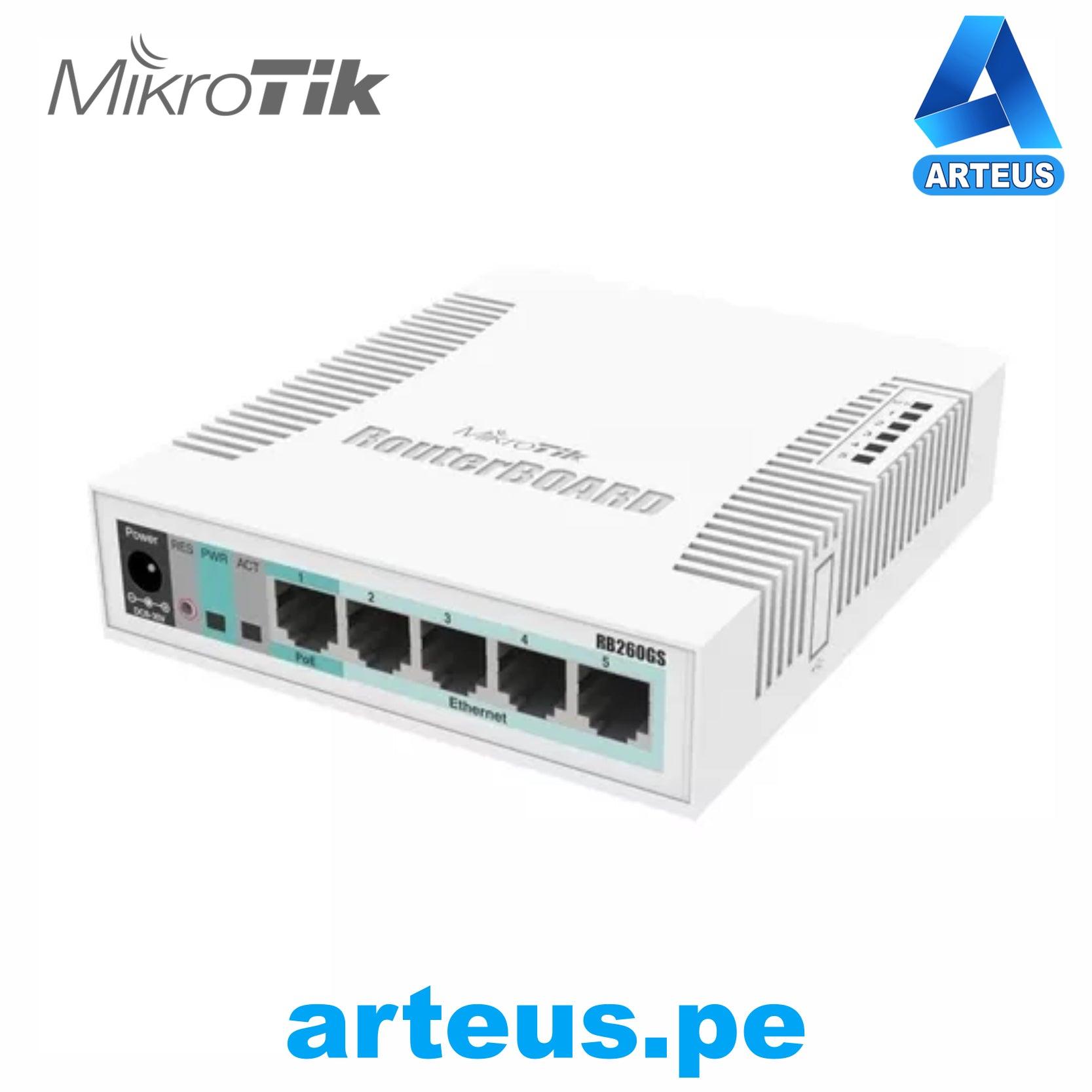 Switch MikroTik RB260GS con 5 puertos Gigabit Ethernet y 1 puerto SFP, ideal para redes LAN