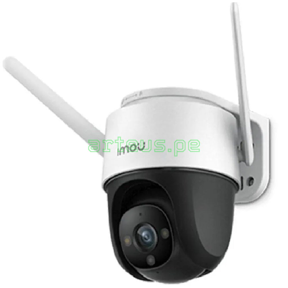 Cámara de seguridad exterior inalámbrica con antenas y soporte mural, ideal para videovigilancia.