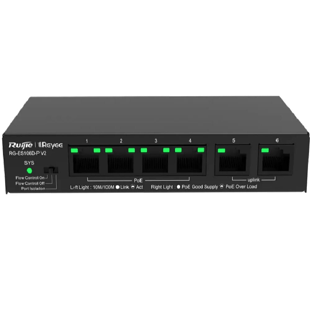 RUIJIE REYEE RG-ES106D-P V2 Switch 2 Puertos 10/100 y 4 Puertos PoE 54W L2