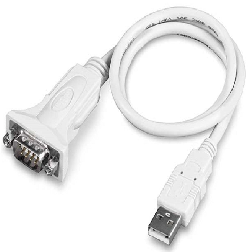 Cable adaptador USB a puerto serial RS232 blanco para conexión de computadoras y periféricos