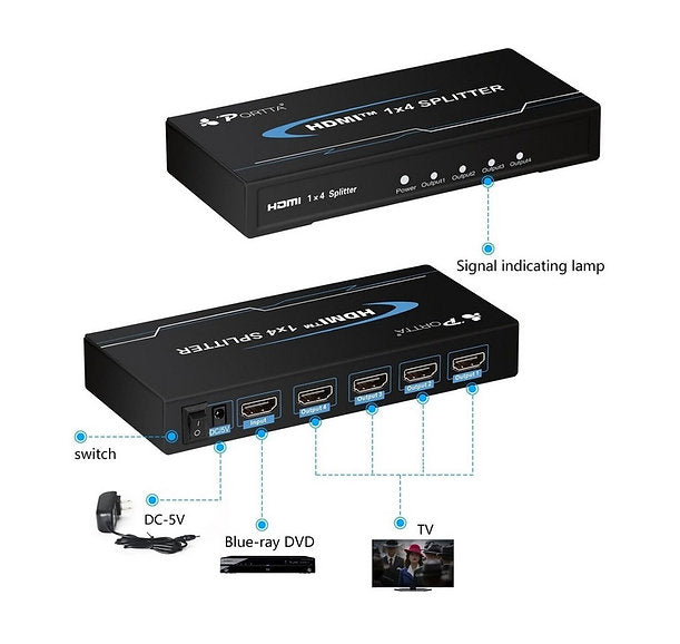 YUS HDMI-SP4, Splitter Divisor de señal HDMI 1x4 1080P