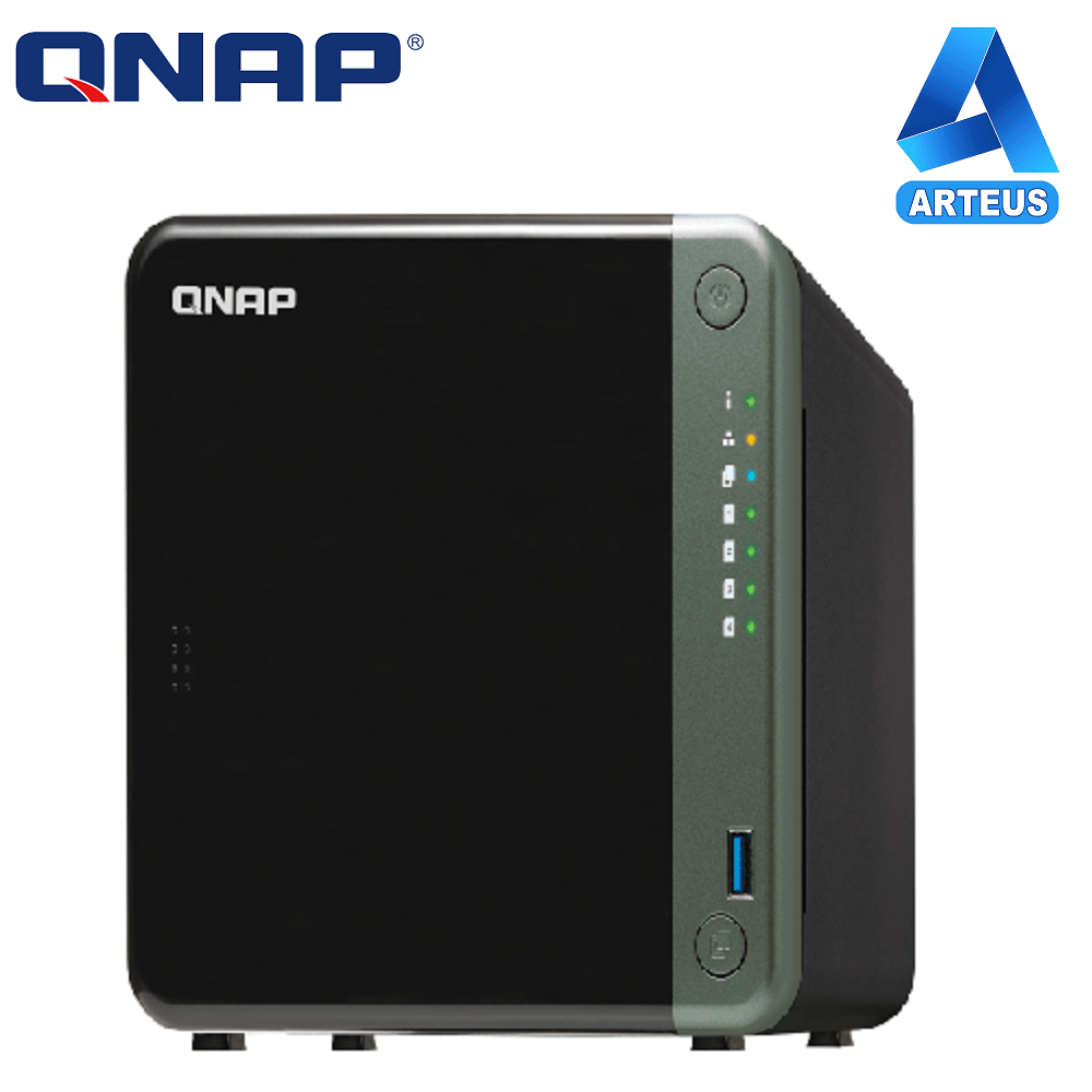 NAS QNAP TS-453D 4 bahías, frontal negro, indicadores LED y puerto USB visible